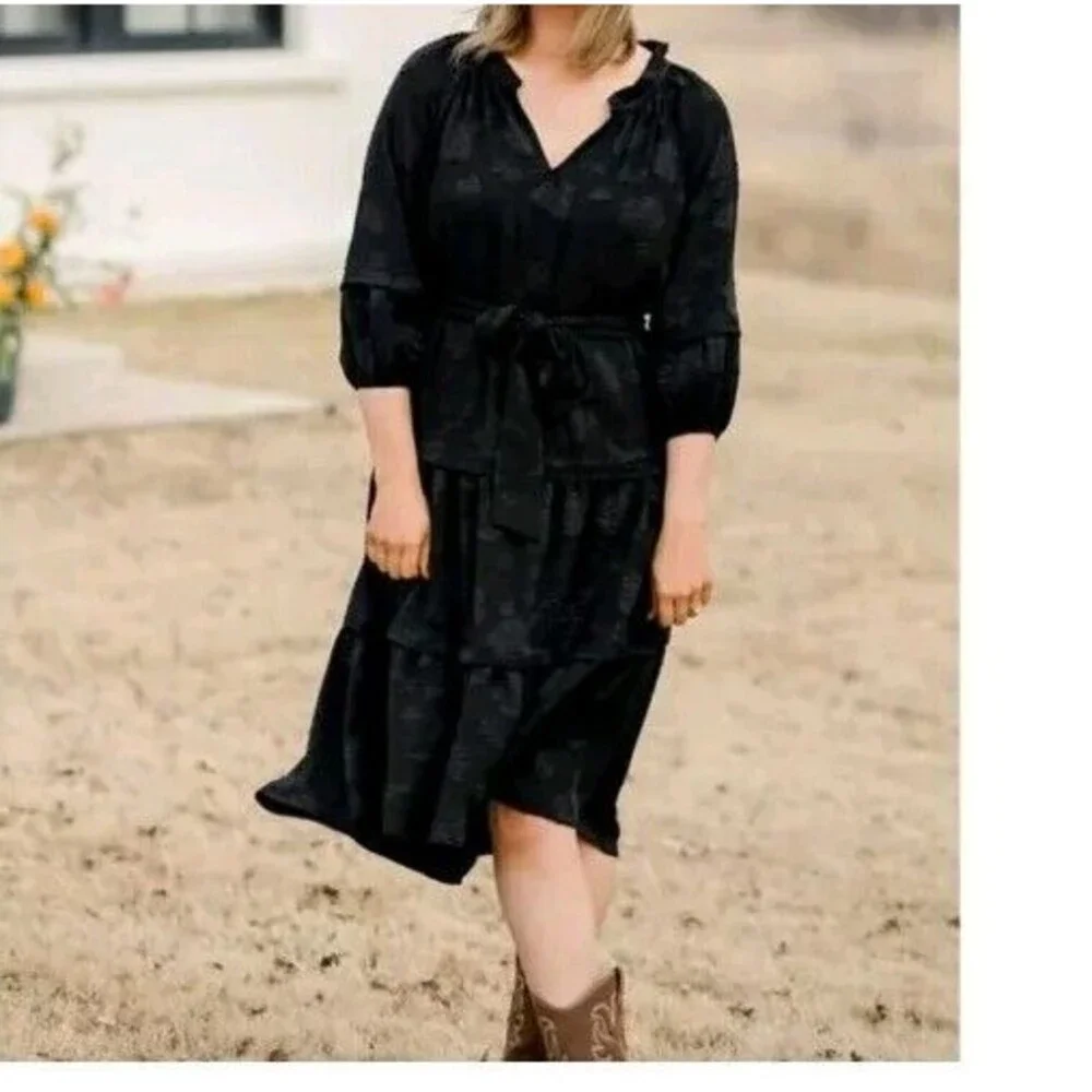 ! Tiered Midi Ruffle Jacquard Print Dress Large Black 3/4 Sleeves - Picture 9 of 11